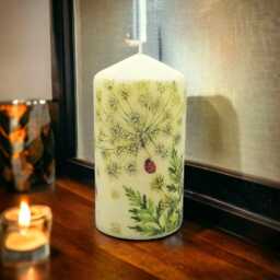 Hand-Decorated Wax Candle Dandelions & Ladybugs, Seasonal Decor - 16cm - thumbnail 2