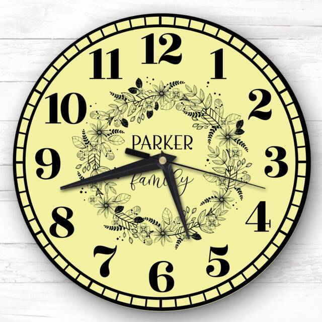 Yellow Black Floral Wreath Family Name Personalised Gift Clock - image 1