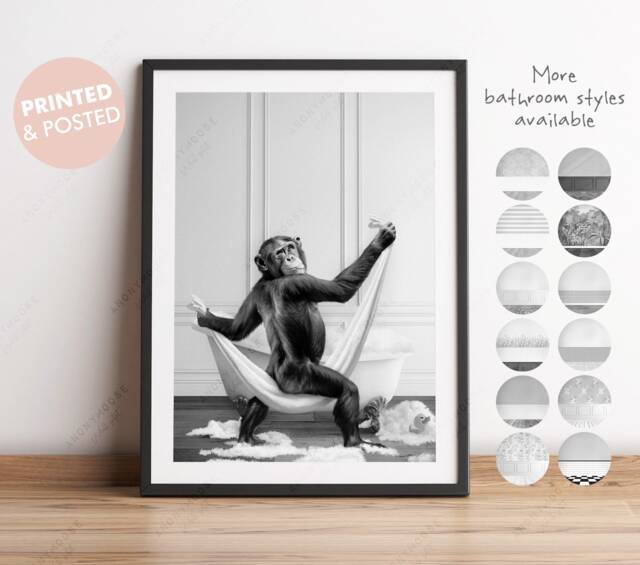 Black & White Chimpanzee Drying With A Towel in Bathroom Print, Monkey Bathing, Funny Bath Animal Bathtub, Chimp Tub - image 1