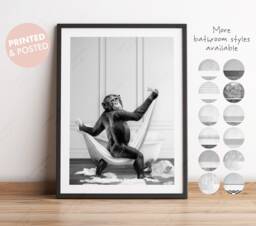 Black & White Chimpanzee Drying With A Towel in Bathroom Print, Monkey Bathing, Funny Bath Animal Bathtub, Chimp Tub - thumbnail 1