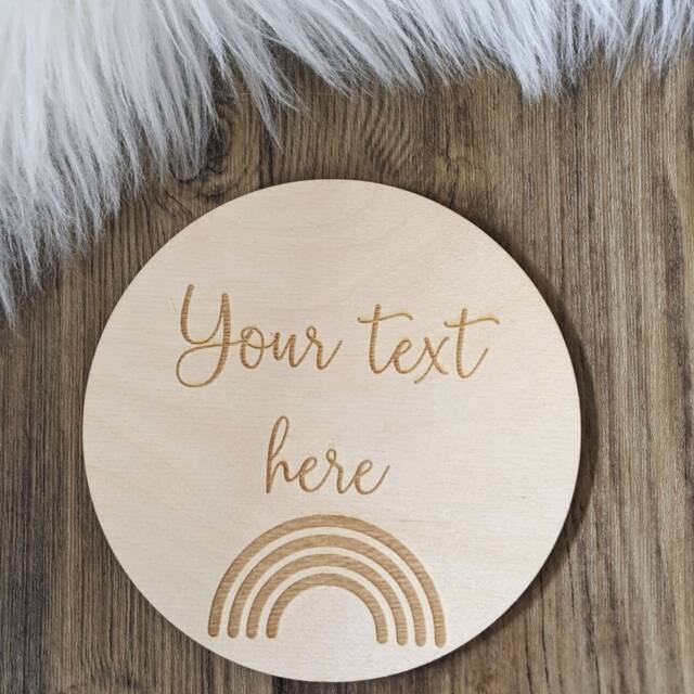 Personalised Wooden Disc Engraving With Rainbow Motif - Custom Made Gift Baby Flat Lay Prop Laser Engraved - image 1