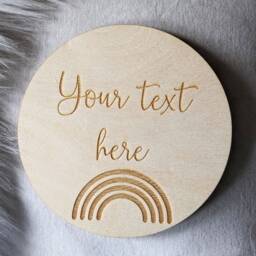 Personalised Wooden Disc Engraving With Rainbow Motif - Custom Made Gift Baby Flat Lay Prop Laser Engraved - thumbnail 2