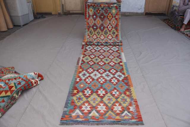 16 Ft Long Rug Runner, Afghan Flatweave Kilim Rug, Modern Handmade Wool Geometric Oriental Hallway Runner For Stair Treads - image 1