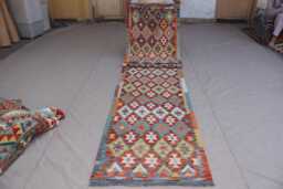 16 Ft Long Rug Runner, Afghan Flatweave Kilim Rug, Modern Handmade Wool Geometric Oriental Hallway Runner For Stair Treads - thumbnail 1