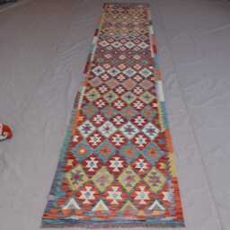 16 Ft Long Rug Runner, Afghan Flatweave Kilim Rug, Modern Handmade Wool Geometric Oriental Hallway Runner For Stair Treads - thumbnail 3