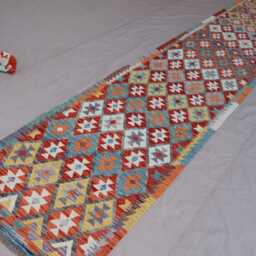 16 Ft Long Rug Runner, Afghan Flatweave Kilim Rug, Modern Handmade Wool Geometric Oriental Hallway Runner For Stair Treads - thumbnail 2