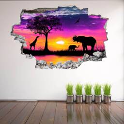 Giraffe Elephants Sunset Silhouette Wall Decal Sticker Mural Poster Print Art Home Decor Dh118 - thumbnail 1