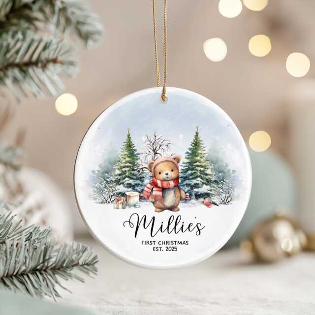 Personalised Baby's First Christmas Ornament 2025 Woodland Bear Keepsake - image 1