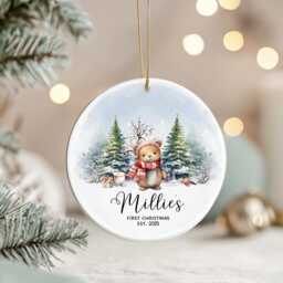 Personalised Baby's First Christmas Ornament 2025 Woodland Bear Keepsake - thumbnail 1