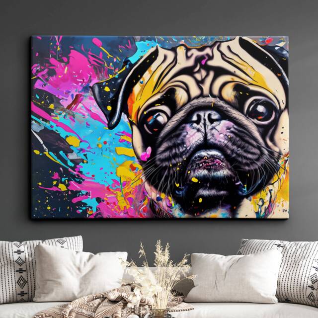 Pug Puppy Dog Animal Abstract Oil Painting Splatter Dripping Style Wall Art, Framed Canvas Poster Print, Home Kitchen Office Room Decor - image 1