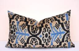 Handloom Silk Velvet Ikat Pillow Cover, Decorative Cushion - thumbnail 1