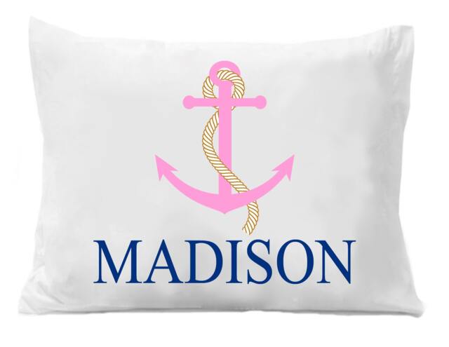 Personalized Girls Beach Pillowcase - Pink Anchor Design - image 1