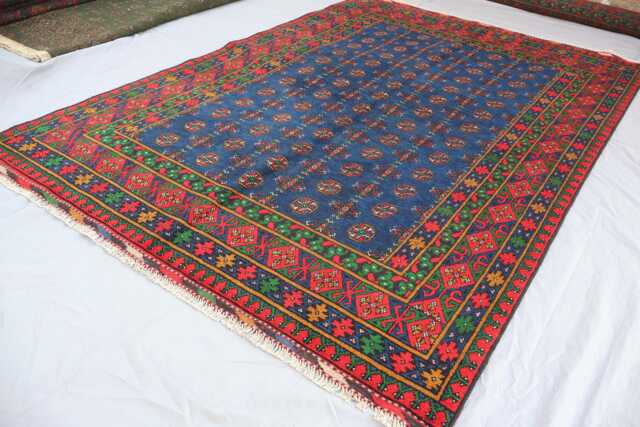 7x10 Handmade Blue Rug, Fine Afghan Bukhara Tribal Veg Dyes Wool Area High Pile Soft Carpet, Oriental Turkmen Living Room Rug - image 1