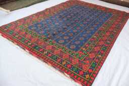 7x10 Handmade Blue Rug, Fine Afghan Bukhara Tribal Veg Dyes Wool Area High Pile Soft Carpet, Oriental Turkmen Living Room Rug - thumbnail 1