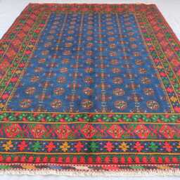 7x10 Handmade Blue Rug, Fine Afghan Bukhara Tribal Veg Dyes Wool Area High Pile Soft Carpet, Oriental Turkmen Living Room Rug - thumbnail 2