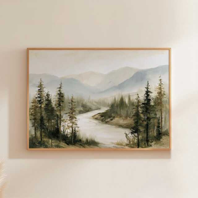 Misty River Poster, Pine Valley Print, Nature Wall Art, Paper - image 1