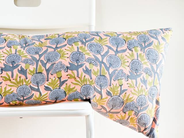 Floral Lumbar Pillow Cover Indian Block Print, Natural Dyed Batik - image 1