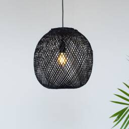 Round Black Bamboo Pendant Light Handmade Wooden Lamp Shade, Sphere Ball Shape Woven Basket - thumbnail 2