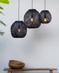 Round Black Bamboo Pendant Light Handmade Wooden Lamp Shade, Sphere Ball Shape Woven Basket