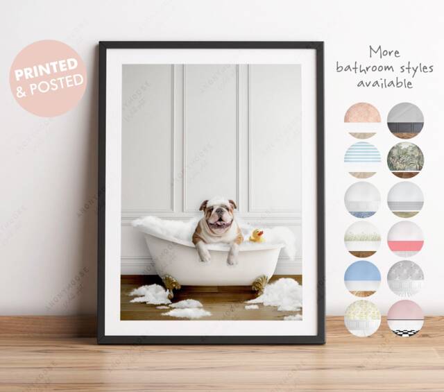 British Bulldog in A Bath Print, Dog Bathing, Funny Bathroom Animal Bathtub, Dog Tub Whimsy - image 1