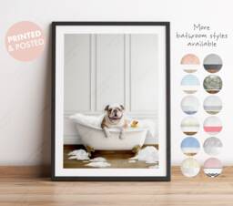 British Bulldog in A Bath Print, Dog Bathing, Funny Bathroom Animal Bathtub, Dog Tub Whimsy - thumbnail 1