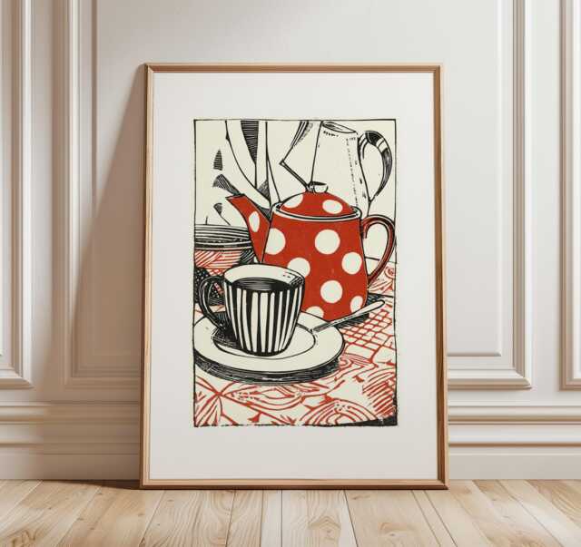 Modern Kitchen Wall Art, Linocut Coffee Print, Bold Black & Red Still Life Poster, Minimalist Breakfast Artwork, Retro Cafe Decor