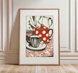 Modern Kitchen Wall Art, Linocut Coffee Print, Bold Black & Red Still Life Poster, Minimalist Breakfast Artwork, Retro Cafe Decor - thumbnail 1