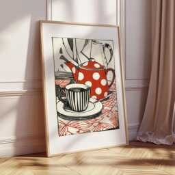 Modern Kitchen Wall Art, Linocut Coffee Print, Bold Black & Red Still Life Poster, Minimalist Breakfast Artwork, Retro Cafe Decor - thumbnail 2