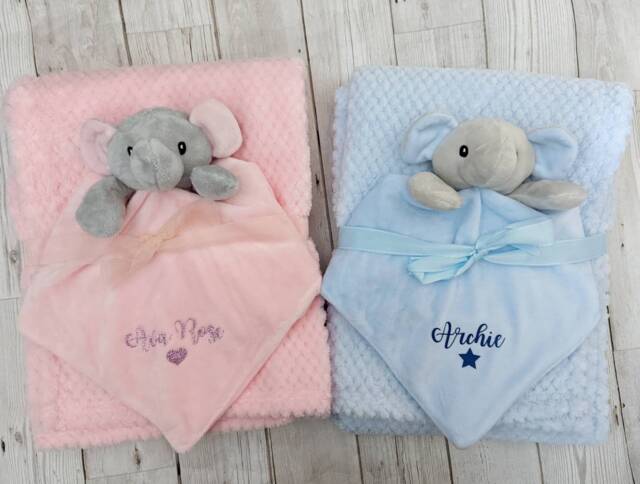 Personalised Comforter & Fluffy Blanket Baby Set Elephant Soft Toy Choice Of Name Colour New Mum To Be Shower Gift Maternity Leave - image 1
