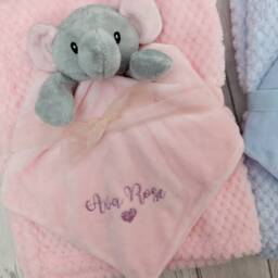 Personalised Comforter & Fluffy Blanket Baby Set Elephant Soft Toy Choice Of Name Colour New Mum To Be Shower Gift Maternity Leave - thumbnail 2