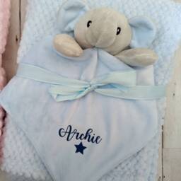 Personalised Comforter & Fluffy Blanket Baby Set Elephant Soft Toy Choice Of Name Colour New Mum To Be Shower Gift Maternity Leave - thumbnail 3