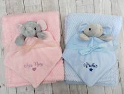 Personalised Comforter & Fluffy Blanket Baby Set Elephant Soft Toy Choice Of Name Colour New Mum To Be Shower Gift Maternity Leave - thumbnail 1