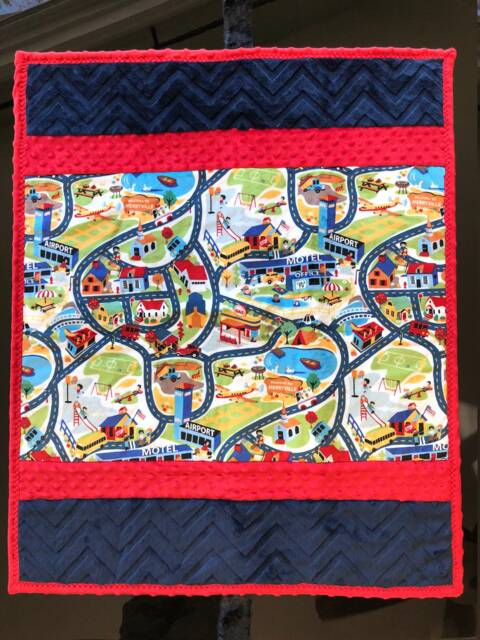 Handmade Modern Baby Minky Blanket Red & Blue City Map - image 1
