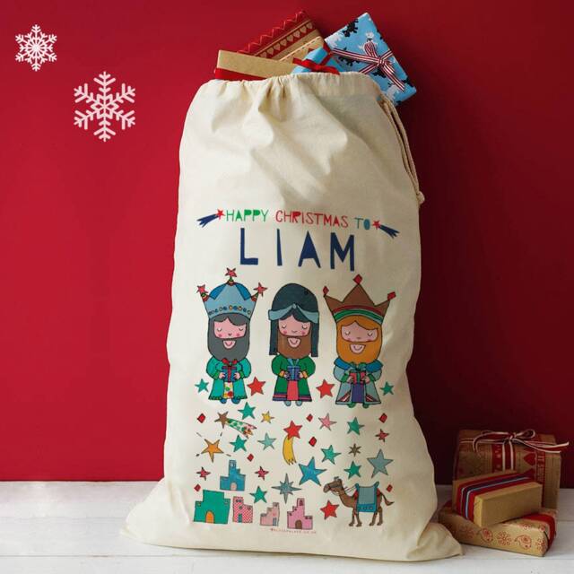 Personalised Christmas Santa Sack, Three Kings Nativity, Cotton Holiday Decor - image 1