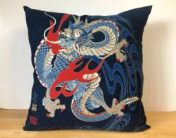 Japanese Dragon Sofa Bedding Throw Pillow Case, Oriental Fabric Cushion, Blue Ryu Decor Cover - thumbnail 1