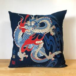 Japanese Dragon Sofa Bedding Throw Pillow Case, Oriental Fabric Cushion, Blue Ryu Decor Cover - thumbnail 2