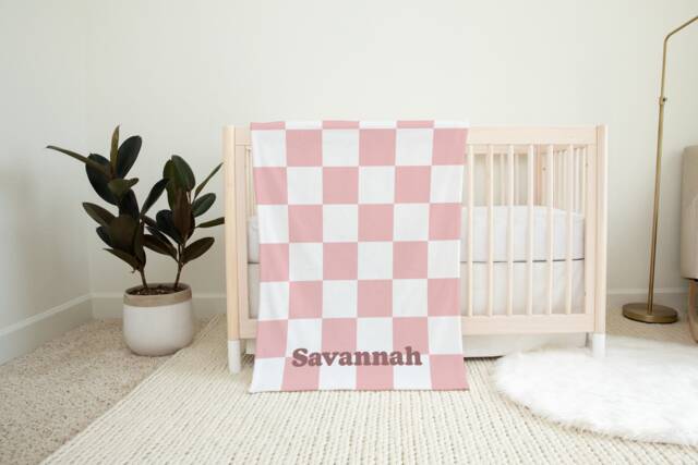 Pink Personalized Soft Fleece Baby Blanket - Aesthetic Gifts Shower Gift Neutral Checkered - image 1