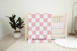 Pink Personalized Soft Fleece Baby Blanket - Aesthetic Gifts Shower Gift Neutral Checkered - thumbnail 1