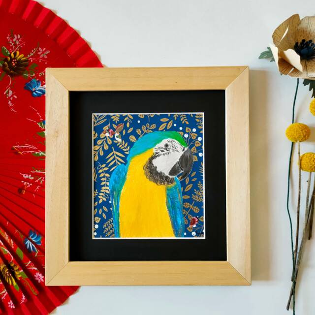 Blue & Yellow Parrot Portrait Painting in Dry Pastel Handmade Japanese Paper - image 1