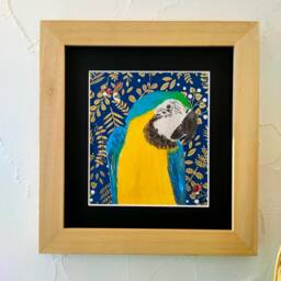 Blue & Yellow Parrot Portrait Painting in Dry Pastel Handmade Japanese Paper - thumbnail 3