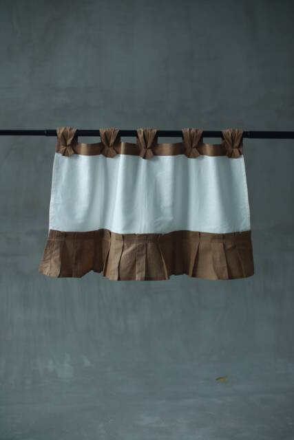 Mocha White Linen Curtain, Ruffle Valance, Rustic Farmhouse Style - image 1