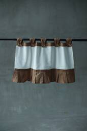 Mocha White Linen Curtain, Ruffle Valance, Rustic Farmhouse Style - thumbnail 1