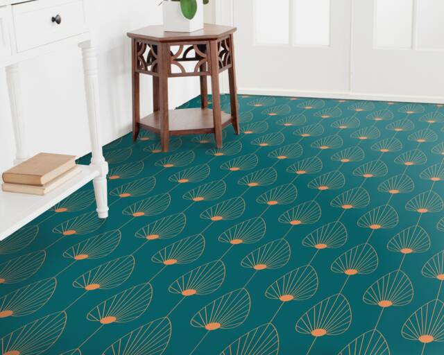 Simple Artdeco Leaves Vinyl Flooring, Green Retro Floor Art, Orange Custom Lineart Decorative High Quality Print - image 1