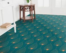 Simple Artdeco Leaves Vinyl Flooring, Green Retro Floor Art, Orange Custom Lineart Decorative High Quality Print