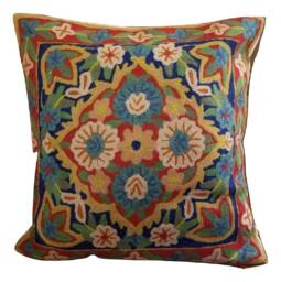 "Handmade Wool Embroidered Floral Cushion Cover - 16""x16" - thumbnail 1