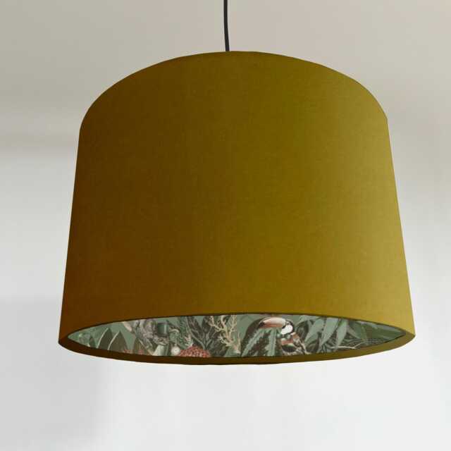 Mustard Velvet Wonderland Drum Lampshade, Double Sided Lampshade With Sage Paper On Interior - image 1
