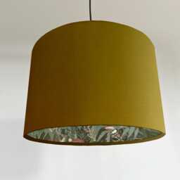 Mustard Velvet Wonderland Drum Lampshade, Double Sided Lampshade With Sage Paper On Interior - thumbnail 1