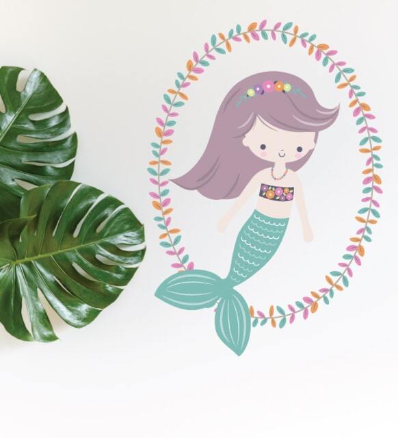 Teal Mermaid Wreath Wall Decal - Removable Kids Room Decor