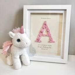 Personalised Christening Gift - Baptism Naming Day Dedication Baby Girl Button Art Initial Frame Pink - thumbnail 3