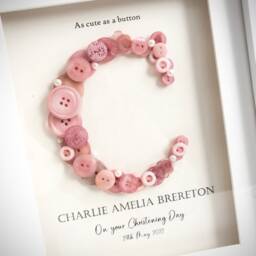 Personalised Christening Gift - Baptism Naming Day Dedication Baby Girl Button Art Initial Frame Pink - thumbnail 2